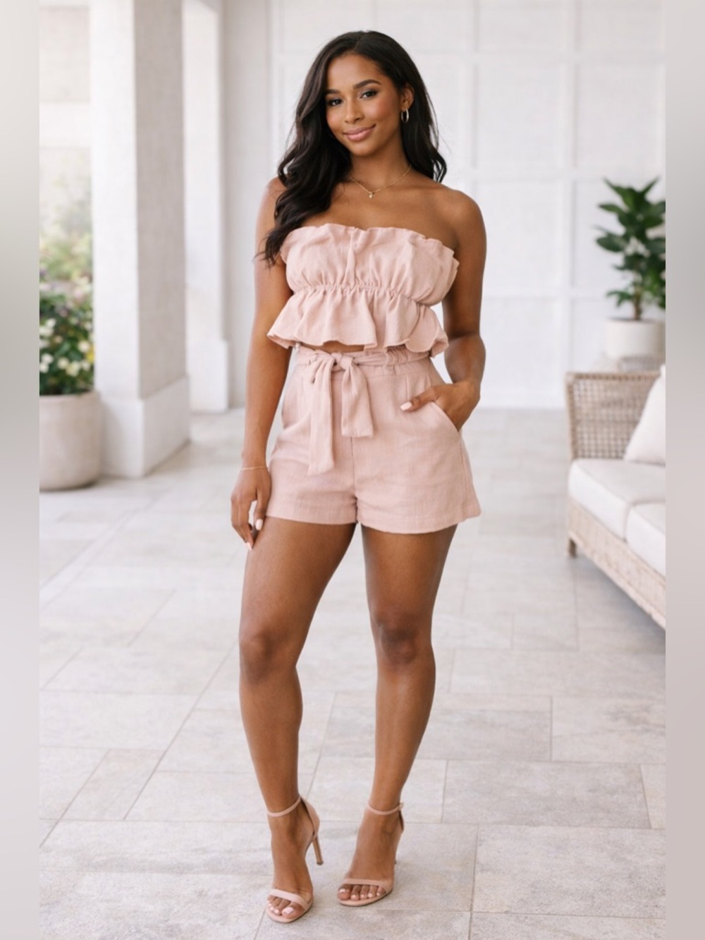 Blush Pink Ruffle Bandeau Romper| Vacation Brunch Outfit